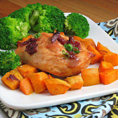 Chipotle-glazed roast chicken with sweet potatoes